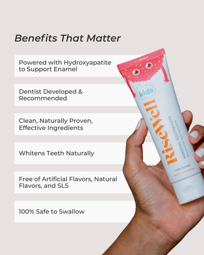 RiseWell Mineral Toothpaste for Kids - Hydroxyapatite Toothpaste with Xylitol for Teeth Protection - Made by Dentists, SLS Free, Safe to Swallow, Gentle and All Natural - Cake Batter Flavor, 3.4 Oz
