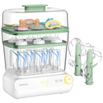 Baby bottle sterilizer with various bottles and accessories on a white background