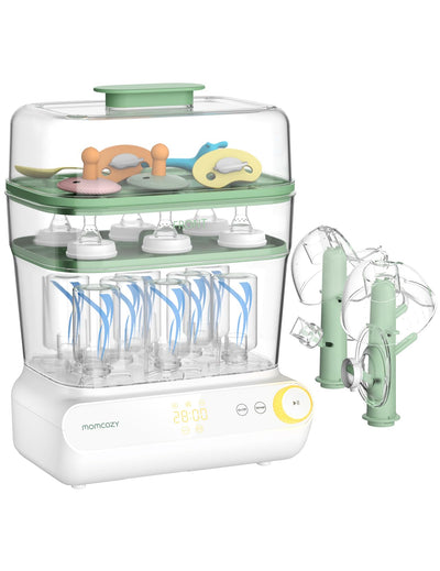 Baby bottle sterilizer with various bottles and accessories on a white background