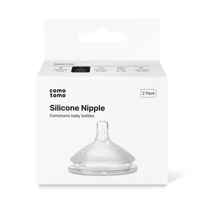 Packaging of Comotomo silicone nipples on a white background