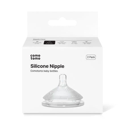 Packaging of Comotomo silicone nipples on a white background