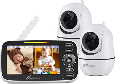 Two baby monitors with a display screen showing a baby and a teddy bear, on a white background.