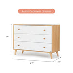 dadada Austin 3-Drawer Dresser for Nursery and Bedroom - Modern Design, Large Storage, Baby-Safe Finish, Anti-Tip Safety, Solid Wood Feet, Durable Construction (White+Red Oak)