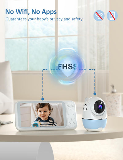Buradin Baby Monitor, 5'' Screen with 32 Hours 5000mAh Battery, Pan-Tilt-Zoom Video 1080P Baby Monitor with Camera and Audio, Night Vision, VOX, 2-Way Talk, 8 Lullabies and 1200ft Range No WiFi