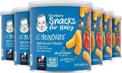 Multiple cans of Gerber Snacks for Baby Lil' Crunchies on a white background