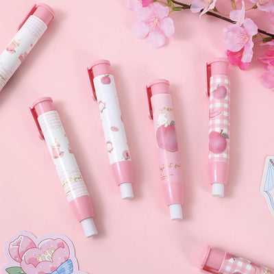 4 Pcs Cute Pink Retractable Eraser with 4 Pcs Extra Refills Cartoon Eraser Pencil Erasers for School Kids Boy Girl Women (4Pcs Peach)