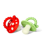 RaZbaby Soft Silicone Infant & Baby 3M+ Teether Toy Massaging Bristles Teething Relief Pacifier - Soothes Sore Gums - Hands-Free & Easy-to-Hold Chompy Teether, BPA Free (RED/Green)