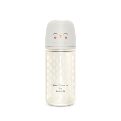 Bottle with a gray lid featuring a cartoon face on a white background