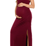 Smallshow Women's Split Long Maternity Dress Sleeveness Ruched Pregnancy Clothes Medium Wine