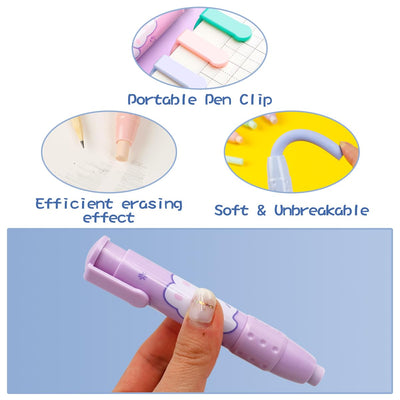 Cute Pencil Erasers, Kids Retractable Erasers with Refills, Standard Pen-Style Erasers, Fun Click Erasers, Kawaii Japanese Stationery Supplies (Purple)
