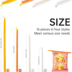 16-Piece Vacuum Sealer Bags with Chip Clips - 4 Sizes (4 Bags Each), Airtight Food Storage for Chips, Bread, Popcorn, Bag Sealer Sticks