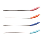 Set of four metal needles with colorful plastic handles on a white background