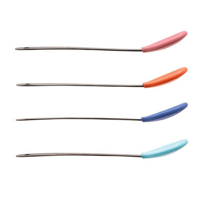 Set of four metal needles with colorful plastic handles on a white background