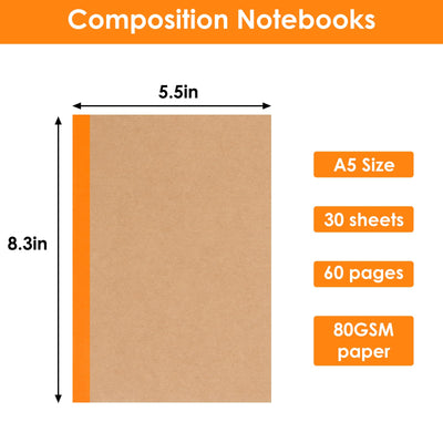 LABUK 5pcs A5 Composition Notebook Journals, Kraft Lined Notebooks Bulk, 5 Colors 60 Pages for Journaling, Writing, School, Office, Kids Gift
