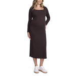 Motherhood Maternity Women's Long Sleeve Ribbed Square Neck Bodycon Casual Pregnancy Dress, Chocolate Tort, Small