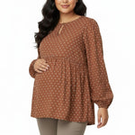 Motherhood Maternity Women’s Long Sleeve Empire Waist Keyhole Woven Pregnancy Blouse, Mocha/Vanilla Dot, Medium