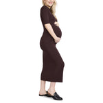 Motherhood Maternity Women's Elbow Sleeve Ribbed Mock Neck Maxi Pregnancy Dress, Tawny Port, Small