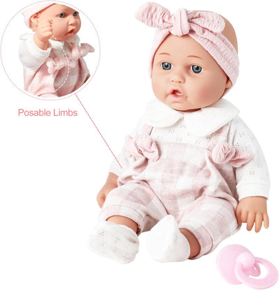 12'' Baby Doll in Gift Box with Pink Cloths, Pacifier, 13''x13'' Microfabric Blanket, and Feeding Bottle. Gift Idea for Ages 3+