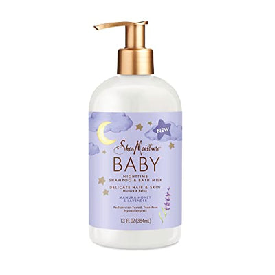 SheaMoisture Baby Shampoo & Bath Milk bottle with gold pump on a white background