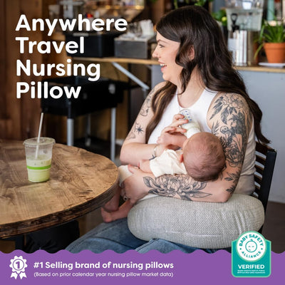 Boppy Anywhere Travel Nursing Pillow - Compact, Ergonomic Bottle & Breastfeeding Pillow with Snap & Loop Hanging Closure and Firm Hypoallergenic Fill, Baby Safety Alliance Verified