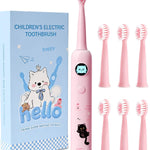 Huedbeads Kids Electric Toothbrush, Sonic Rechargeable Toothbrush with 6 Replacement Heads, Soft Bristle, IPX7 Waterproof, LED Display, Oral Care for Toddlers & Children Aged 2+ Years(Pink)