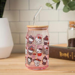 Silver Buffalo Sanrio Hello Kitty and Friends Halloween Spooky Costumes Ghost Witch Vampire Zombie Frankenstein Skeleton Pink Glass Jar Tumbler with Bamboo Lid and Glass Straw, 16 Ounces