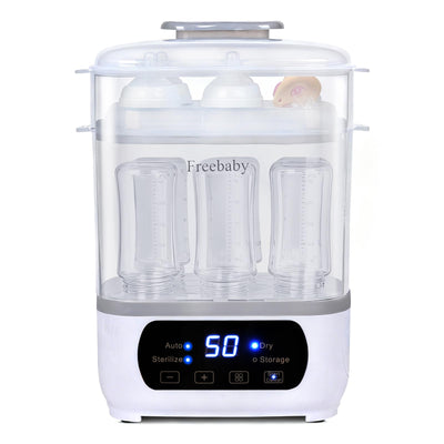 Baby bottle sterilizer with digital display on a white background