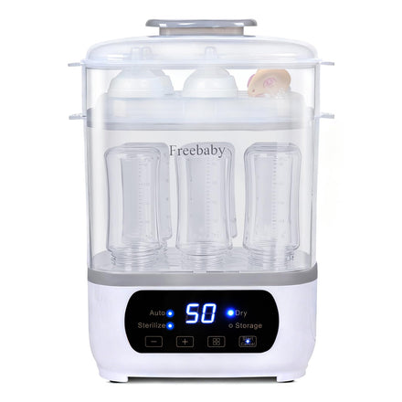 Baby bottle sterilizer with digital display on a white background