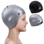 2 Pack Kids Swim Caps for Boys Girls, Durable Silicone Swimming Cap with 3D Ear Pockets for Age 3-15 Toddler Child Youth Teen, Unisex Swim Bath Hats for Short/Long Hair with Ear Plugs Nose Clip-2