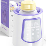 Baby bottle warmer with digital display and packaging on a white background
