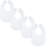 Set of five white baby bibs on a white background