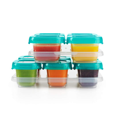 Set of colorful baby food containers with lids on a white background