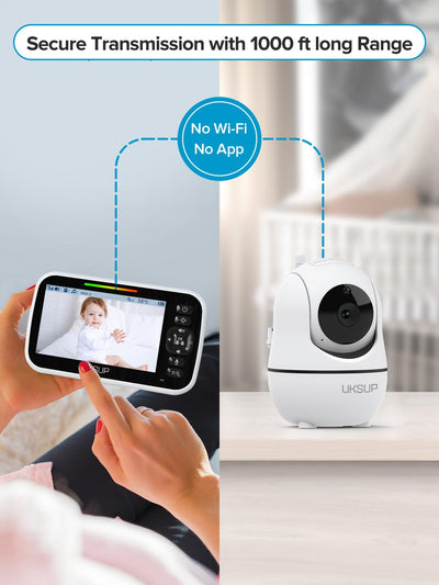 UKSUP Baby Monitor with Camera and Audio- Video Baby Monitor with 960ft Long Range, Remote Pan-Tilt-Zoom, Night Vision, Temperature Sensor, 2-Way Talk, 8 Lullabies, 30-Hour Battery & No WiFi