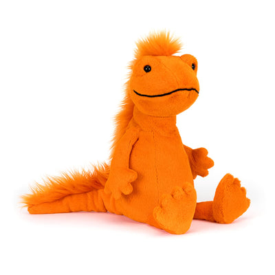 Orange plush dragon toy on a white background