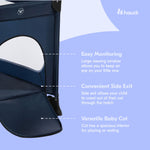 Hauck Dream N Play Plus Travel Bed Portable Playpen Mattress with Viewing Windows and Side Exit, Foldable Crib for Babies and Toddlers, Navy Blue