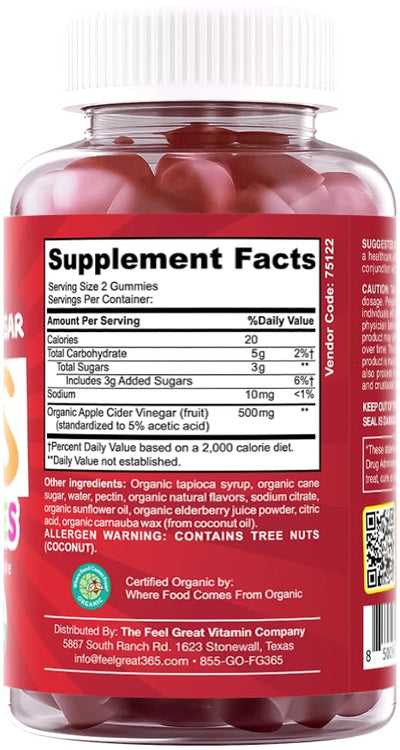 Organic Kids Apple Cider Vinegar Gummies by Feel Great Vitamins | Rich in Digestive Enzymes & Natural Antioxidants for Gut Health | Kids Gummy Supports Healthy Nutrient Absorption | 60 Day Supply
