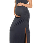 Smallshow Women's Split Long Maternity Dress Sleeveness Ruched Pregnancy Clothes Small Dark Grey