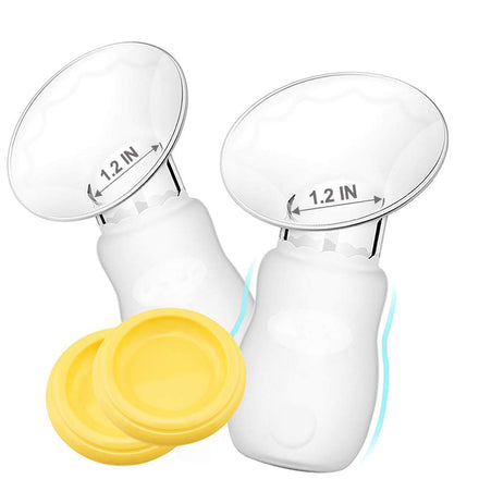 Two white breast pumps with yellow silicone sleeves on a white background