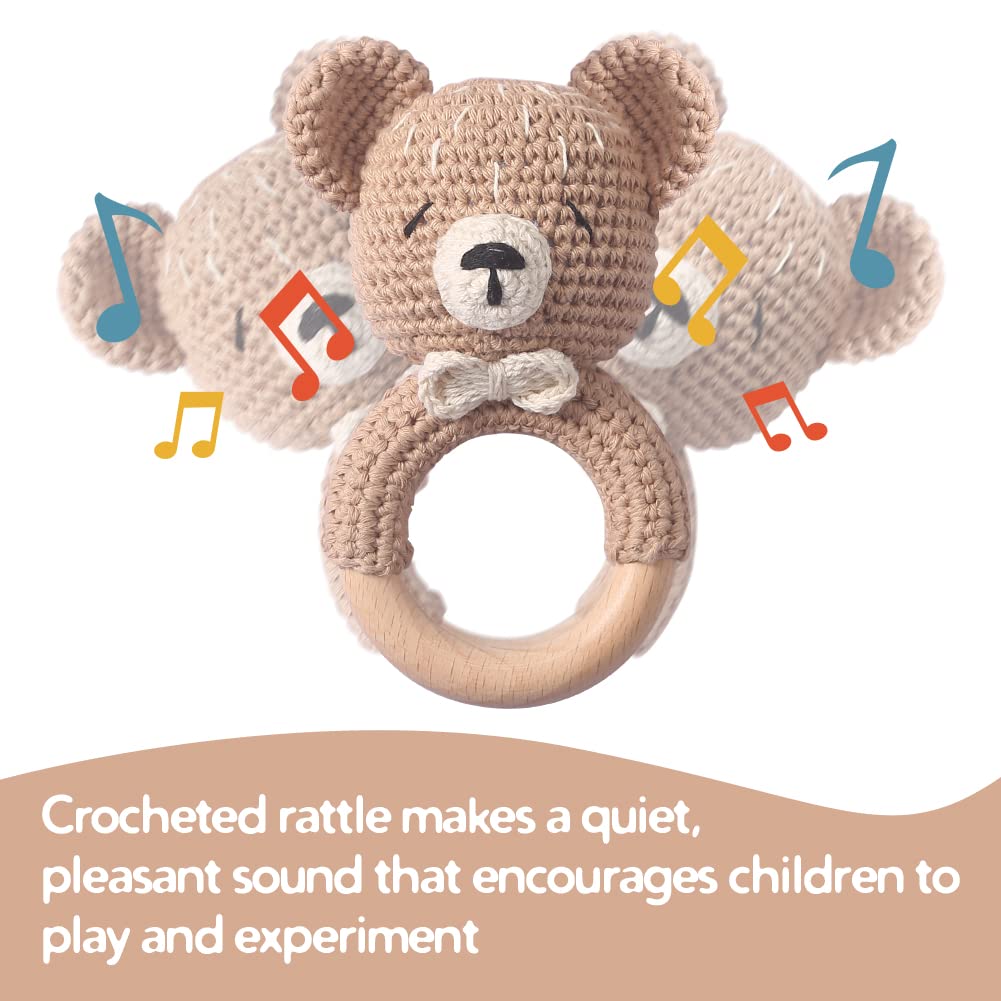 Wooden Baby Rattle Crochet Bear Baby Toys Handmade Newborn Toy Early Development Grips Stuffed Animal Organic Rattle (Bear)