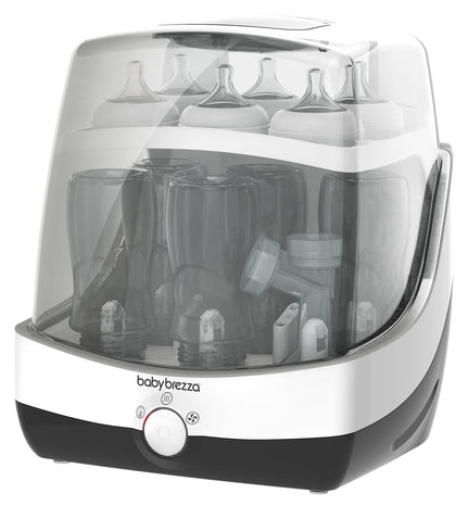Baby bottle sterilizer with clear lid showing bottles inside, branded 'babybrezza'.