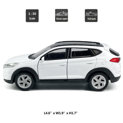 1:36 Scale Tucson Toy Car Model Metal Diecast SUV Toy Vehicle, Doors Open Pull Back, Toys for Boys 3 4 5 6 7 Year Old Toddler Kids Gifts, Men Collection, Home Office Décor Cake Topper, White