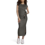 Motherhood Maternity Women's Short Sleeve Crew Neck Side Tie Detail Midi Casual Pregnancy Dress, Thyme, Medium