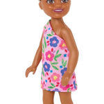 Barbie Chelsea Doll (Brunette Curly Hair) Wearing One-Shoulder Flower-Print Dress and Pink Shoes, Toy for Kids Ages 3 Years Old & Up