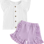 BemeyourBBs Summer Toddler Girl Clothes Baby Girl Ruffle Sleeveless Shirt with Buttons Bow Bloomers Shorts Set Cute Outfits