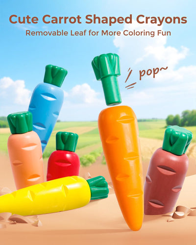 JUPITEARTH Carrot Crayons for Kids 12 Colors, Non Toxic Beeswax Crayons for Toddlers 1-3 with 30-Page Coloring Book & Stickers & 120 PDF Pages, Mess-Free Coloring for Kids Art Supplies Gift