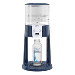 Blue and white water dispenser with a bottle on a white background
