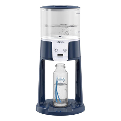Blue and white water dispenser with a bottle on a white background