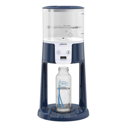 Blue and white water dispenser with a bottle on a white background