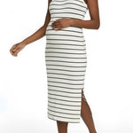 Motherhood Maternity Women's Sleeveless Racerback Rib Knit Midi Pregnancy Bodycon Dress, Vanilla/Black Stripe, Large