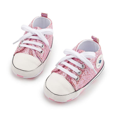 KKIIDDSS Unisex Baby Girls Boys Canvas High-top Shoes, Newborn Infant Anti-Slip Soft Sole Frist Walking Sneakers (B02/Sequin Little Purple,12-18 Months)